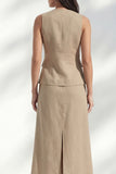 khaki V-Neck Bodycon Single Breasted Midi Slim Fit Work Dress with Slit