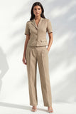 Khaki Notched Lapel Single Breasted Short Sleeves Slim Fit Long Women Suit