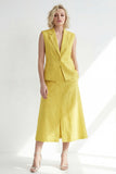 Butter Yellow Notched Lapel One Button Slim Fit Midi Work Dress with Slit