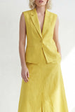 Butter Yellow Notched Lapel One Button Slim Fit Midi Work Dress with Slit