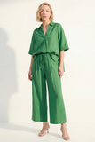 Green Collar Neck Short Sleeves Satin Long Women Suit with Belt