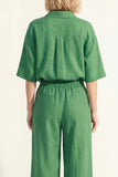 Green Collar Neck Short Sleeves Satin Long Women Suit with Belt