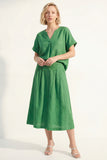 Green V-Neck Short Sleeves Satin Midi Single Breasted Work Dress