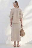 Khaki V-Neck Sheath Short Sleeves Midi Bow Work Dress with Slit