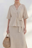 Khaki V-Neck Sheath Short Sleeves Midi Bow Work Dress with Slit
