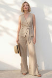 Khaki V-Neck Long Slim Fit Women Suit with Belt