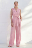 Pink V-Neck Belt Long Women Suit with Slim Fit