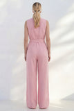 Pink V-Neck Belt Long Women Suit with Slim Fit