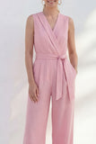 Pink V-Neck Belt Long Women Suit with Slim Fit