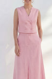 Pink V-Neck Double Breasted Midi Work Dress with Slit