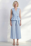Light Blue V-Neck Ruffled Midi Women Suit with Belt