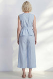 Light Blue V-Neck Ruffled Midi Women Suit with Belt