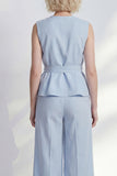 Light Blue V-Neck Ruffled Midi Women Suit with Belt