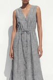 Grey V-Neck Single Breasted Midi Work Dress with Belt