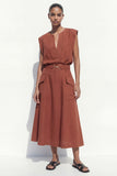 Caramel A-Line Cap Sleeves V-Neck Midi Women Suit with Belt