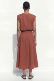 Caramel A-Line Cap Sleeves V-Neck Midi Women Suit with Belt