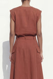 Caramel A-Line Cap Sleeves V-Neck Midi Women Suit with Belt