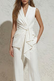 White Notched Lapel Ruched Slim Fit Long Women Suit