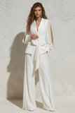 White Notched Lapel Ruched Slim Fit Long Women Suit with Bow