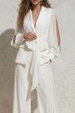 White Notched Lapel Ruched Slim Fit Long Women Suit with Bow