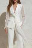 White Notched Lapel Ruffled Slim Fit Long Tulle Women Suit