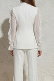 White Notched Lapel Ruffled Slim Fit Long Tulle Women Suit
