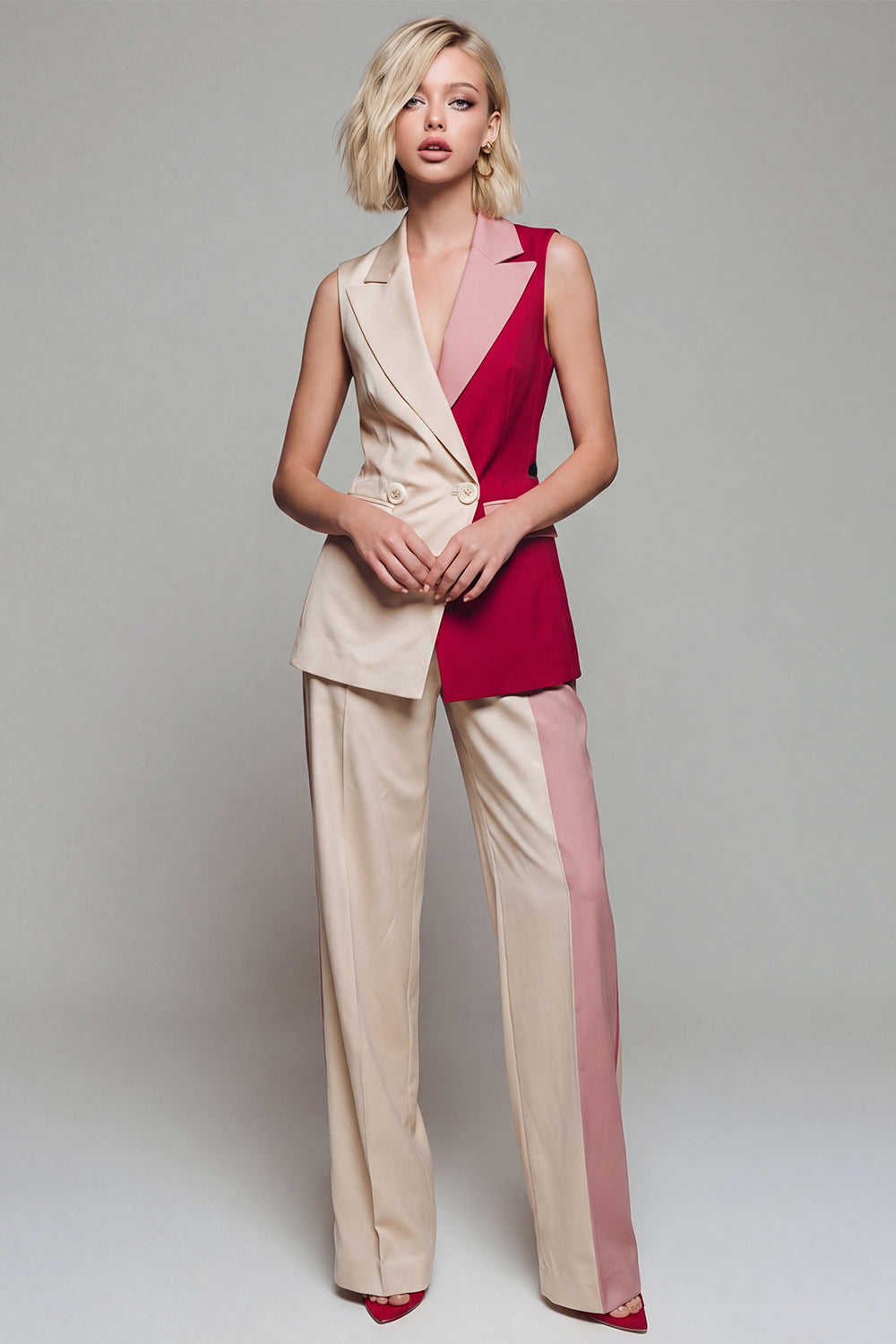 Colorblock Suits ZAPAKA Women Notched Lapel Suits ColorBlock Light Khaki 2 Piece ...