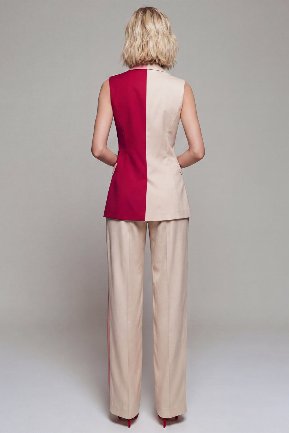 Colorblock Suits ZAPAKA Women Notched Lapel Suits ColorBlock Light Khaki 2 Piece ...