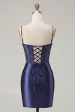 Navy Corset Satin Bodycon Embroidered Homecoming Dress