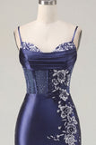 Navy Corset Satin Bodycon Embroidered Homecoming Dress