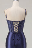 Navy Corset Satin Bodycon Embroidered Homecoming Dress