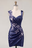 Navy Satin Ruched Embroidered Bodycon Homecoming Dress
