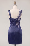 Navy Satin Ruched Embroidered Bodycon Homecoming Dress