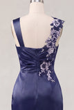 Navy Satin Ruched Embroidered Bodycon Homecoming Dress