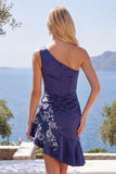 One Shoulder Navy Satin Asymmetrical Ruched Bodycon Mini Homecoming Dress