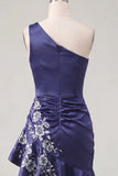 One Shoulder Navy Satin Asymmetrical Ruched Bodycon Mini Homecoming Dress