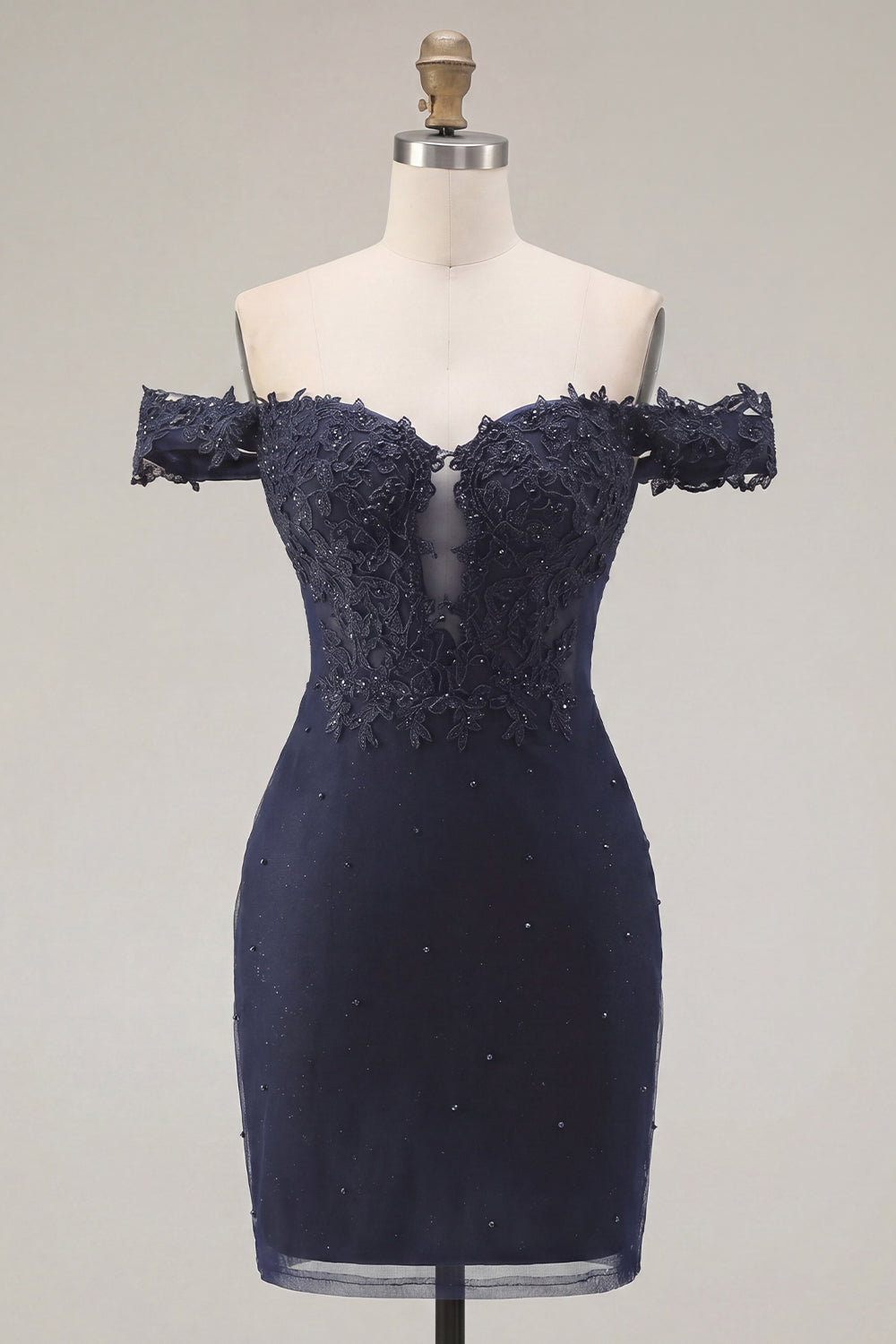 Zapaka Women Navy Homecoming Dress Off the Shoulder Beaded Bodycon Appliqued Mini Cocktail Party Dress, Navy / US22W