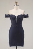Navy Off the Shoulder Beaded Bodycon Homecoming Dress