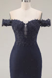 Navy Off the Shoulder Beaded Bodycon Homecoming Dress