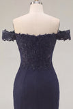 Navy Off the Shoulder Beaded Bodycon Homecoming Dress