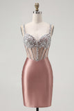 Blush Satin Bodycon Sheer Corset Mini Homecoming Dress with Rhinestones