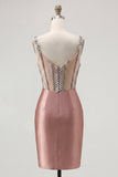Blush Satin Bodycon Sheer Corset Mini Homecoming Dress with Rhinestones