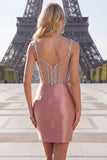 Blush Satin Bodycon Sheer Corset Mini Homecoming Dress with Rhinestones