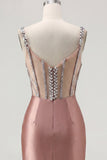 Blush Satin Bodycon Sheer Corset Mini Homecoming Dress with Rhinestones