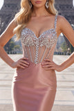 Blush Satin Bodycon Sheer Corset Mini Homecoming Dress with Rhinestones