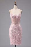 Sparkly Dark Green Floral Corset Bodycon Sequins Short Homecoming Dress