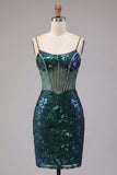 Sparkly Dark Green Floral Corset Bodycon Sequins Short Homecoming Dress