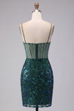 Sparkly Dark Green Floral Corset Bodycon Sequins Short Homecoming Dress
