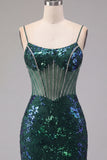 Sparkly Dark Green Floral Corset Bodycon Sequins Short Homecoming Dress