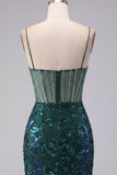 Sparkly Dark Green Floral Corset Bodycon Sequins Short Homecoming Dress